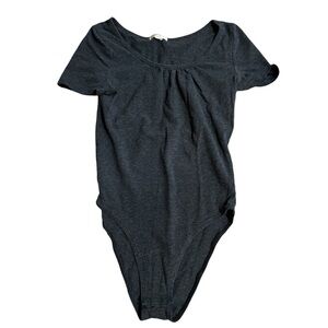 Ambiance Apparel slate gray short sleeved scoop neck bodysuit ruffled neckline S